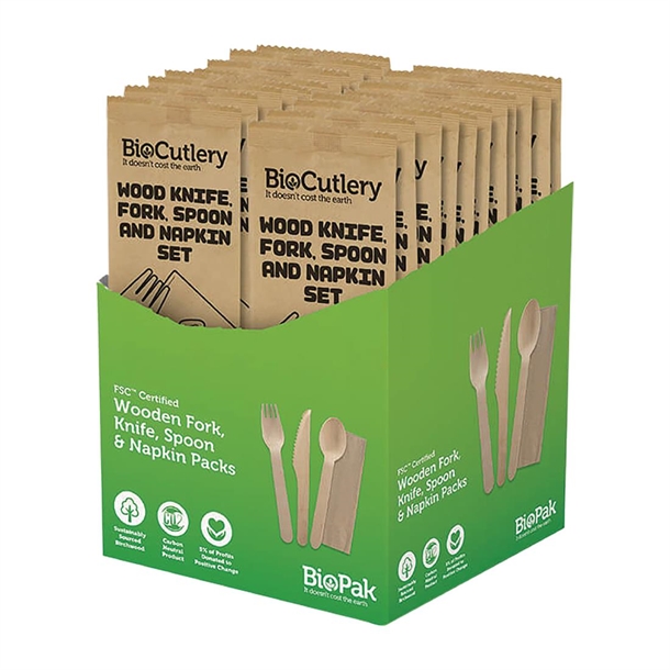 BioPak BioCutlery Wood Knife, Fork, Spoon Napkin Set (400 Pack)