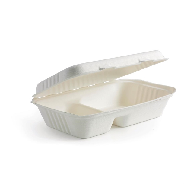 BioPak BioCane Two Compartment Clamshells Container White - 23x15x8cm (250 Pack)