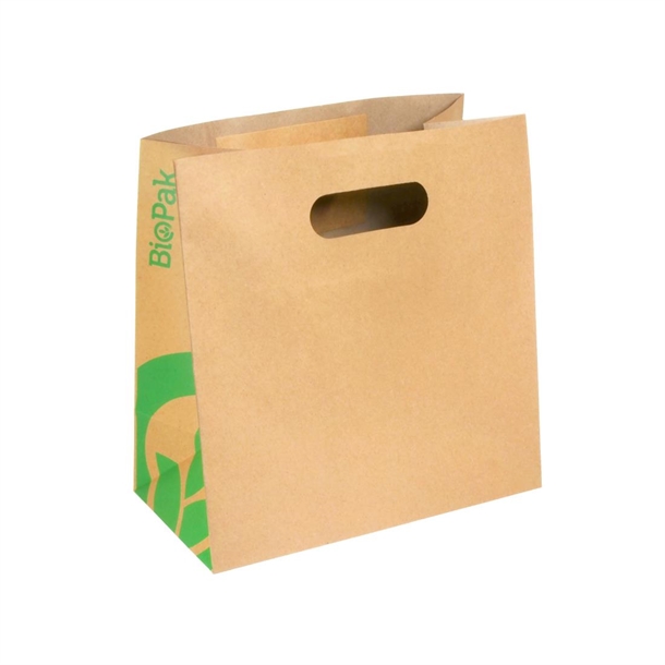 BioPak BioPaper Small Die Cut Handle Kraft paper Bags - 270 x 280 x 150 (250 Pack)
