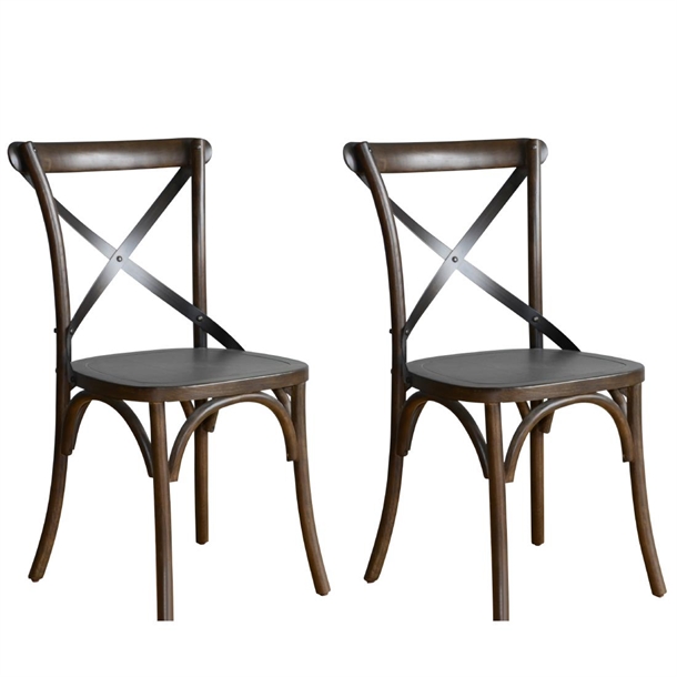 Bolero Wooden Dining Chair with Metal Cross Backrest Walnut Finish (2 Pack)
