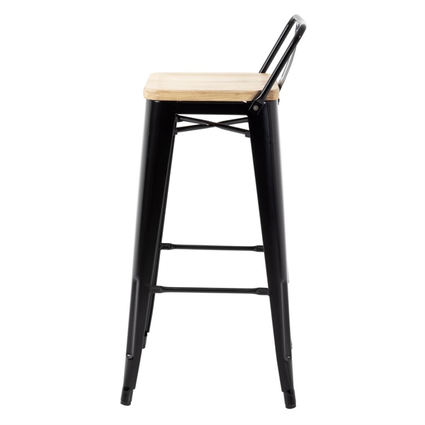 Bolero Bistro Metal High Bar Stool with Wooden Seat Pad and Back Rest Black (Pack of 4)