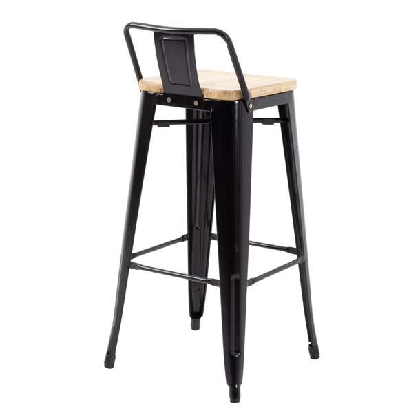 Bolero Bistro Metal High Bar Stool with Wooden Seat Pad and Back Rest Black (Pack of 4)