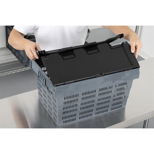 Vogue Perforated Plastic Transport Storage Crate with Attached Lid 600x400x320mm