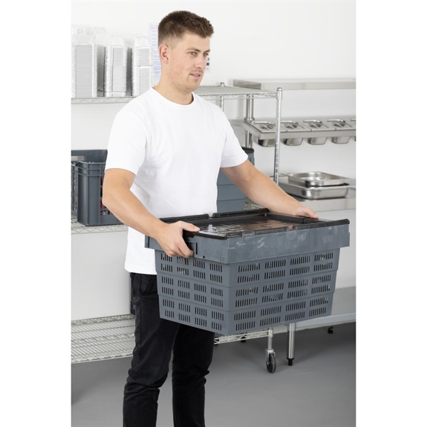 Vogue Perforated Plastic Transport Storage Crate with Attached Lid 600x400x320mm