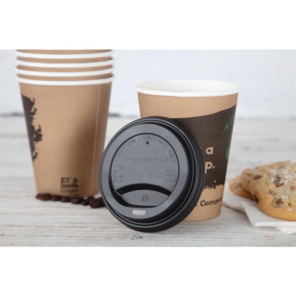 Fiesta Compostable Lid for Hot Cups Black 340ml (1000 Pack)