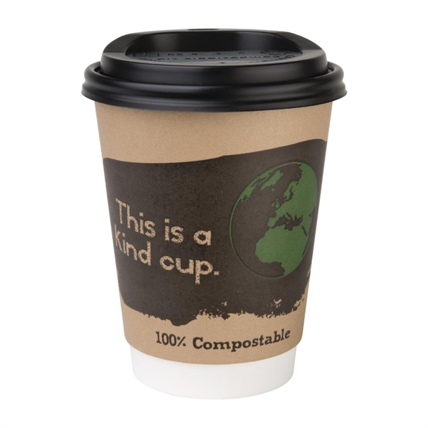 Fiesta Compostable Lid for Hot Cups Black 340/455ml (50 Pack)