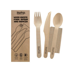 BioPak Biocutlery Wooden Fork Knife Spoon & Napkin Sets - 16cm (Pack 28)