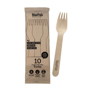 BioPak BioCutlery Wooden Fork in Paper Sleeves - 16cm (10 Pack)